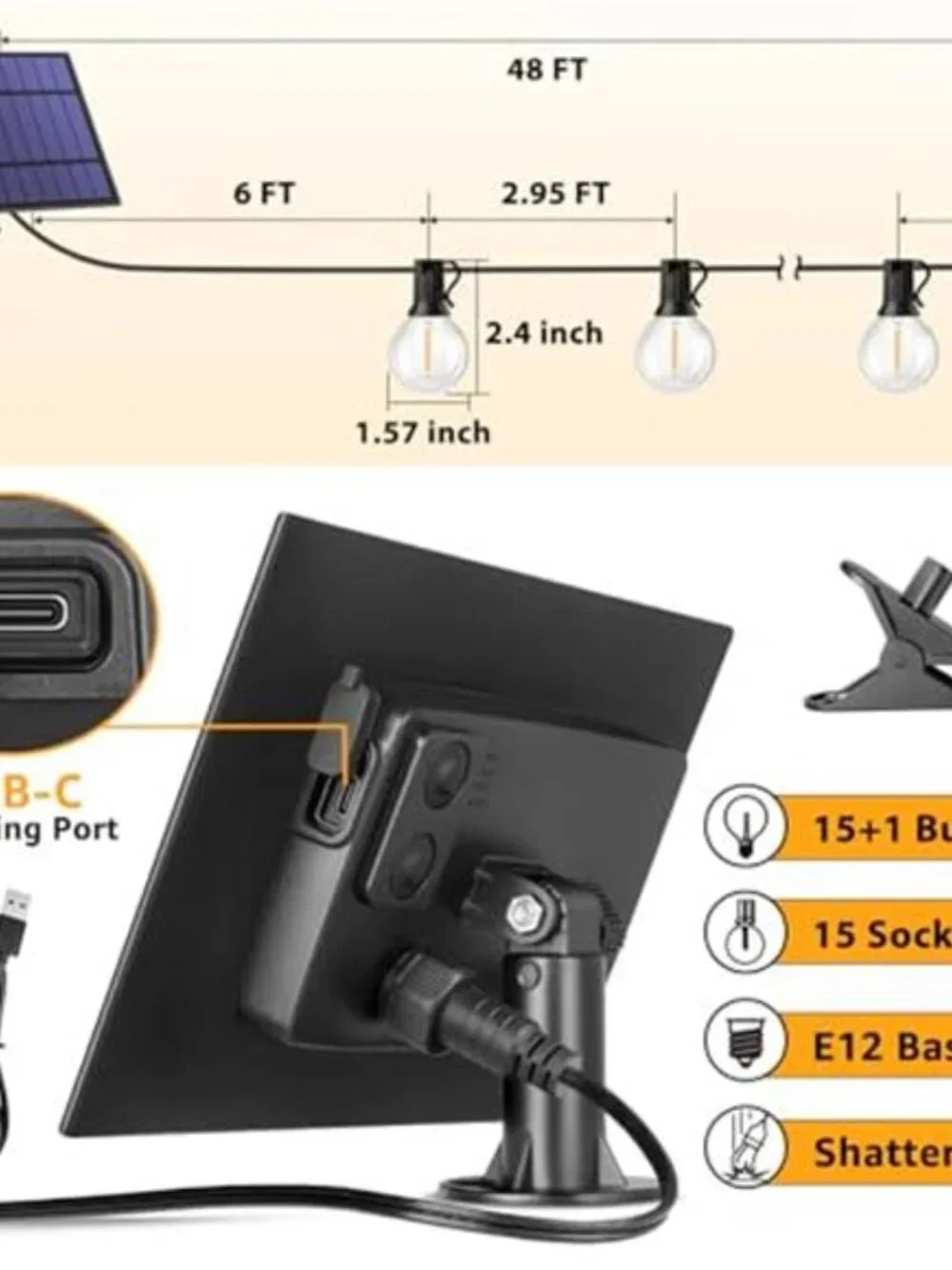 Solar String Lights Outdoor LED Patio Lights Waterproof Remote Timer USB